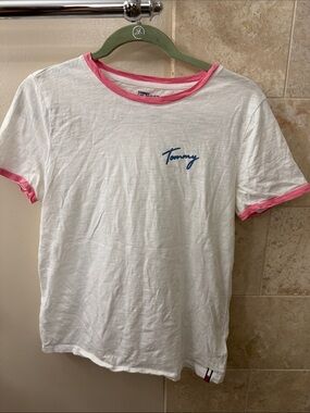 Tommy Hilfiger White Tee with Pink Trim and Blue Script Logo